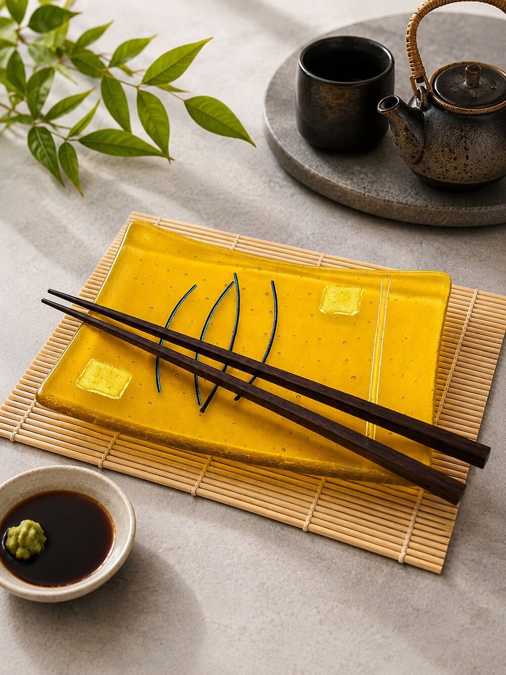 Art Glass Sushi Serving Plate Yellow Blue Gold w/ Reusable Chopsticks Set